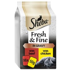 96 x 50g Sheba Fresh & Fine Adult Wet Cat Food Pouches Beef & Chicken in Gravy