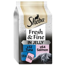 96 x 50g Sheba Fresh & Fine Adult Wet Cat Food Pouches Salmon & Tuna in Jelly