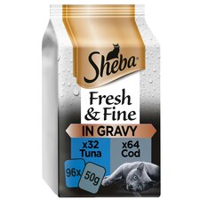 96 x 50g Sheba Fresh & Fine Adult Wet Cat Food Pouches Tuna & Cod in Gravy