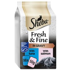 96 x 50g Sheba Fresh & Fine Adult Wet Cat Food Pouches Salmon & Tuna in Gravy