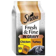 96 x 50g Sheba Fresh & Fine Adult Wet Cat Food Pouches Chicken & Turkey in Gravy