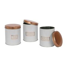 Harbour Housewares 3pc Round Metal Tea Coffee Sugar Canister Set - White/Copper