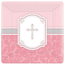 Amscan Communion Blessing Square Paper Plates - Pink/White - One Size