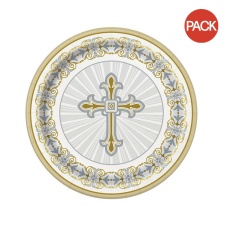 Unique Party Radiant Cross Paper Party Christening Plates (Pack Of 8) - White/Silver/Gold - One Size