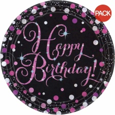 Amscan Sparkling Pink Celebration Happy Birthday Party Plates (Pack of 8) - Black/Pink - One Size