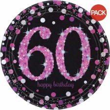 Amscan Sparkling Pink Celebration 60th Birthday Party Plates (Pack of 8) - Black/Pink - One Size