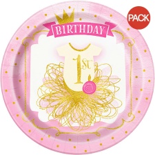 Unique Party Pink/Gold 1st Birthday Paper Plates (Pack Of 8) - Pink/Gold - One Size