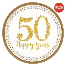 Amscan Gold Anniversary 23cm Plates (Pack Of 8) - Gold/White - One Size