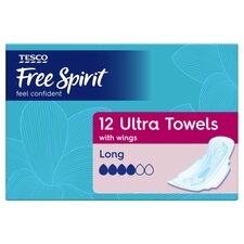 Tesco Free Spirit Ultra Long Sanitary Towels With Wings 12 Pack