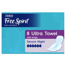 Tesco Free Spirit Secure Night Sanitary Towels With Wings 8 Pack