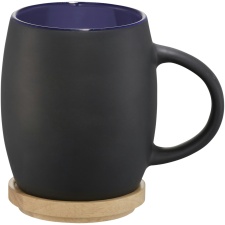 Avenue Hearth Ceramic Mug With Wood Lid/Coaster - Solid Black/Blue - 10.4 x 7.5 cm