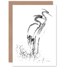 Artery8 Heron Birds Black White Minimalist Animal Ink Drawing Greeting Art Card