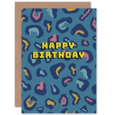 Wee Blue Coo Happy Birthday Blue Leopard Pattern Greeting Card