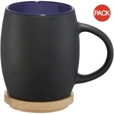 Avenue Hearth Ceramic Mug With Wood Lid/Coaster (Pack of 2) - Solid Black/Blue - 10.4 x 7.5 cm