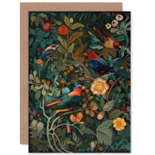 Artery8 Parrot Birds in Exotic Blooming Jungle Folk Art Nature Greeting Card