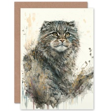 Artery8 Manul Pallas Cat Lover Wildflower Animal Portrait Greeting Card