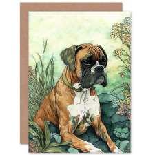 Artery8 Boxer Dog Lover Watercolour Animal Portrait with Flowers Greeting Card