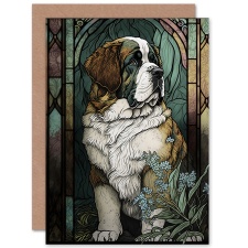 Artery8 Dog Lover St Bernard with Flowers Modern Art Nouveau Greeting Card