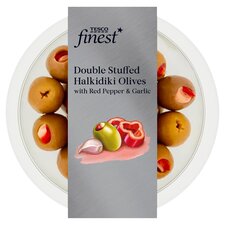 Tesco Finest Double Stuffed Halkidiki Olives Red Pepper 160G