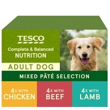 Tesco Adult Dog Food Pate Selection Chicken, Beef & Lamb 12X150g