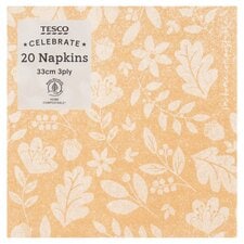 Tesco Floral Kraft Napkin 33Cm 3Ply 20 Pack