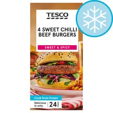 TESCO 4 SWEET CHILLI BEEF BURGERS 454G