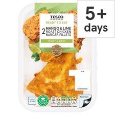 Tesco 2 Mango & Lime Roast Chicken Burger Fillets 150g