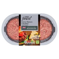 Tesco Finest Extra Mature Cheddar 4 Beef Burgers 454g