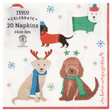 Tesco Festive Dogs Napkin 3Ply 20 Pack