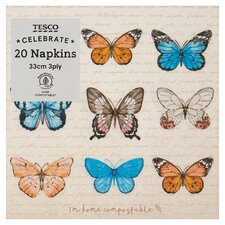 Tesco Butterfly Napkin 33Cm 3Ply 20 Pack