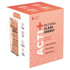 Acti+ Zero Sugar Peach & Apricot Natural Clean Energy Drink 4 x 250ml