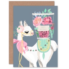 Wee Blue Coo Llama with Bow and Flower Basket Animal Birthday Greeting Card