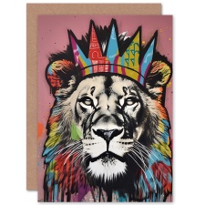 Artery8 Lion With King Crown Collage Graffiti Colourful Pop Art Greeting Card