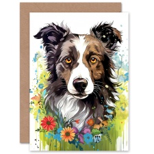 Artery8 Dog Lover Border Collie and Wildflowers Floral Greeting Card