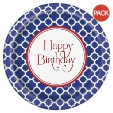 Unique Party Quatrefoil Happy Birthday Party Plates (Pack of 8) - Navy Blue/White - One Size