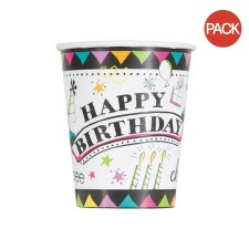 Unique Party Paper Doodle Happy Birthday Party Cup (Pack of 8) - White/Black - One Size