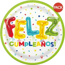 Unique Party Feliz Cumpleanos Paper Disposable Plates (Pack of 8) - White/Green/Yellow - One Size