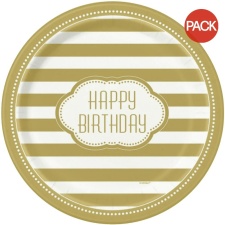 Unique Party Striped Birthday Party Plates (Pack of 8) - White/Gold - One Size