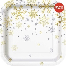 Unique Party Paper Snowflake Christmas Party Plates (Pack of 8) - White/Gold/Silver - One Size