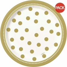 Unique Party Polka Dot Birthday Party Plates (Pack of 8) - Gold/White - One Size