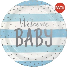 Creative Party Welcome Baby Paper Dinner Plate (Pack of 8) - Blue/White/Silver - One Size