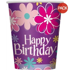 Unique Party Paper Floral Happy Birthday Party Cup (Pack of 8) - Multicoloured - One Size