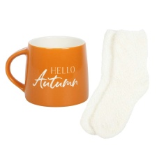 Something Different Hello Autumn Mug and Sock Set - Orange/White - One Size