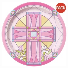 Unique Party Paper Sacred Cross Communion Disposable Plates (Pack of 8) - Pink - One Size