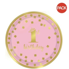 Amscan Paper Metallic 1st Birthday Party Plates (Pack of 8) - Pink/Gold - One Size