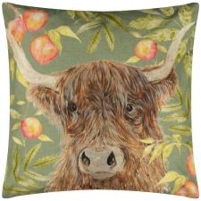 Evans Lichfield Grove Highland Cow Outdoor Cushion Cover - Olive - 43cm x 43cm