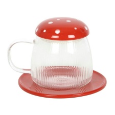 Something Different Mushroom Glass Mug & Saucer - Red/Clear - One Size