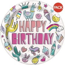 Unique Party Round Happy Birthday Disposable Plates (Pack of 8) - Multicoloured - One Size