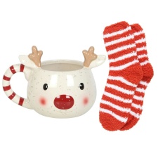 Something Different Rudolph Reindeer Mug and Sock Set - White/Red - One Size