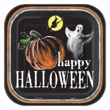 Unique Party Ghostly Square Halloween Party Plates (Pack of 8) - Black/White/Orange - One Size